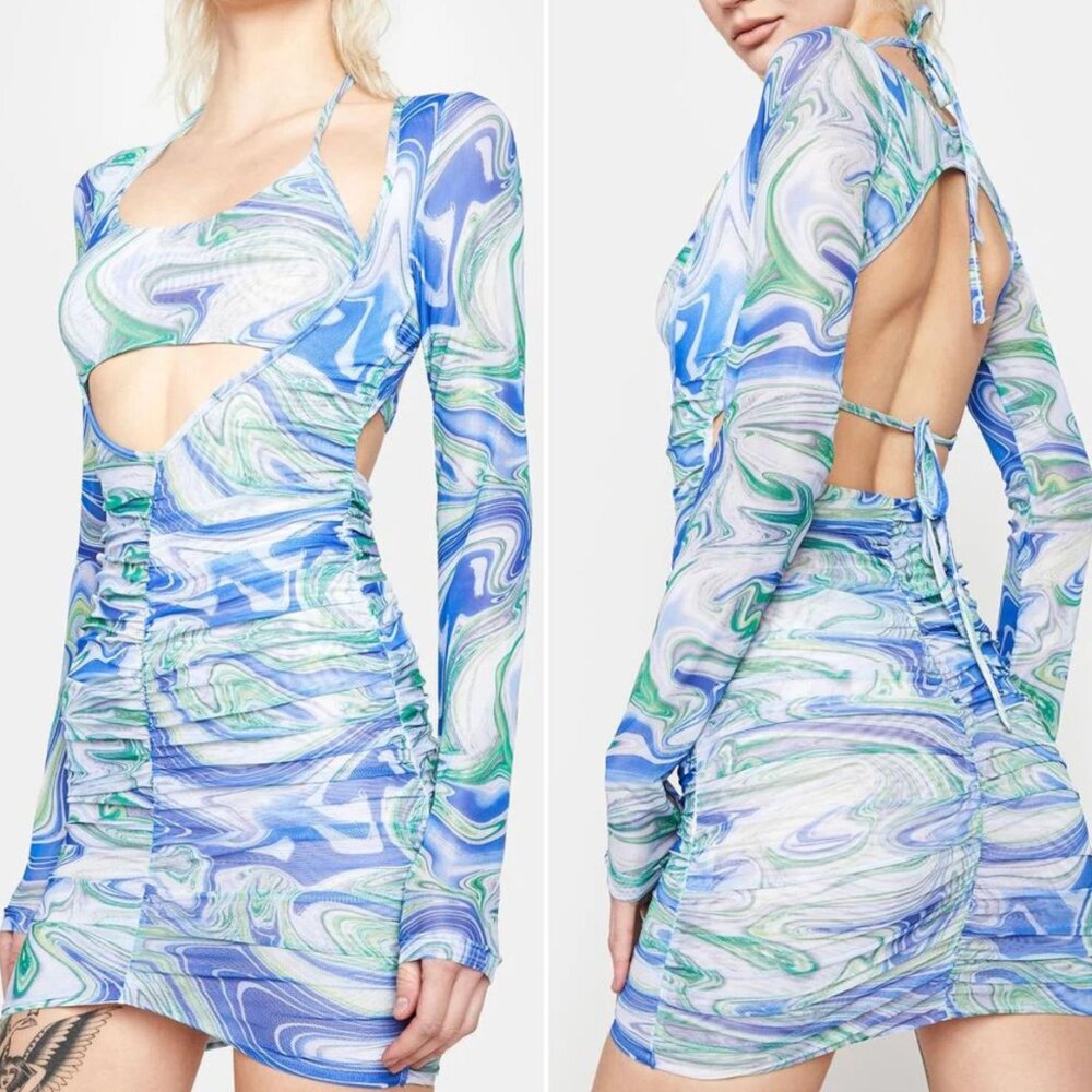 By Dyln Juna Dress Mesh Cutout Mini Blue Swirl Sz Large NWOT Y2K Club Rave Ibiza